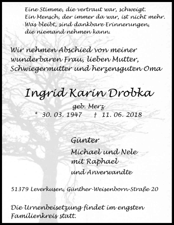Anzeige von Ingrid Karin Drobka von Kölner Stadt-Anzeiger / Kölnische Rundschau / Express
