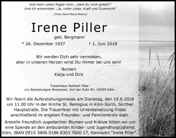 Anzeige von Irene Piller von Kölner Stadt-Anzeiger / Kölnische Rundschau / Express