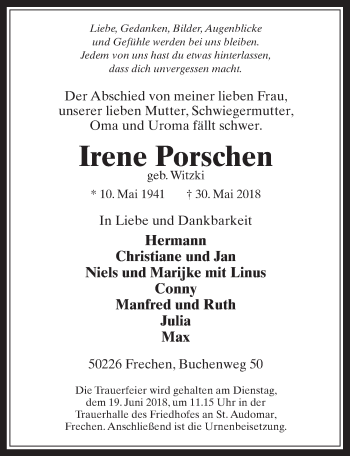 Anzeige von Irene Porschen von  Wochenende 