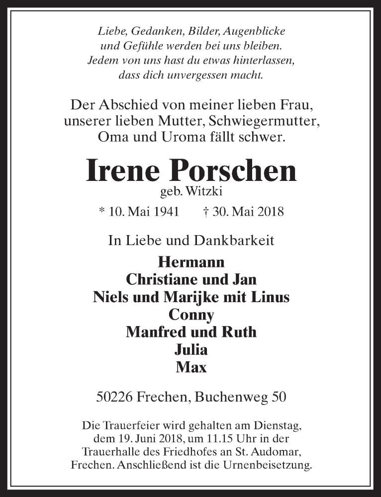  Traueranzeige für Irene Porschen vom 13.06.2018 aus  Wochenende 
