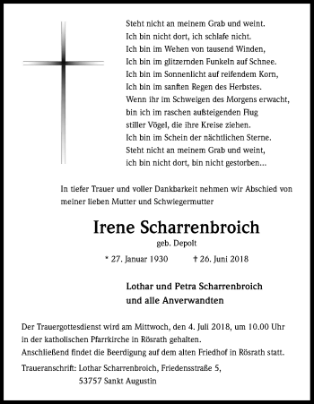 Anzeige von Irene Scharrenbroich von Kölner Stadt-Anzeiger / Kölnische Rundschau / Express