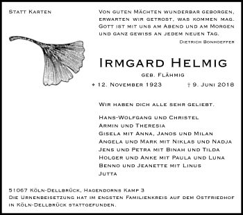 Anzeige von Irmgard Helmig von Kölner Stadt-Anzeiger / Kölnische Rundschau / Express