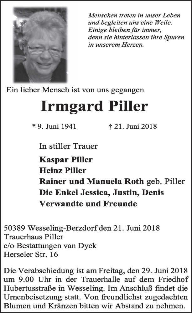  Traueranzeige für Irmgard Piller vom 27.06.2018 aus  Schlossbote/Werbekurier 