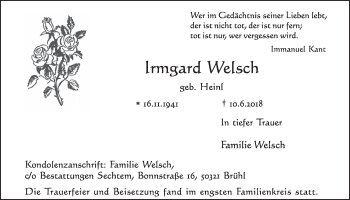 Anzeige von Irmgard Welsch von  Schlossbote/Werbekurier 
