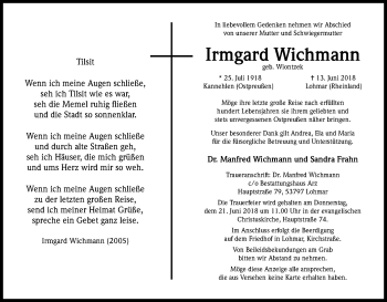 Anzeige von Irmgard Wichmann von Kölner Stadt-Anzeiger / Kölnische Rundschau / Express
