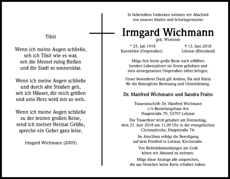  Traueranzeige für Irmgard Wichmann vom 16.06.2018 aus Kölner Stadt-Anzeiger / Kölnische Rundschau / Express