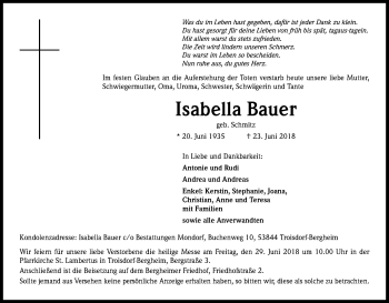 Anzeige von Isabella Bauer von Kölner Stadt-Anzeiger / Kölnische Rundschau / Express