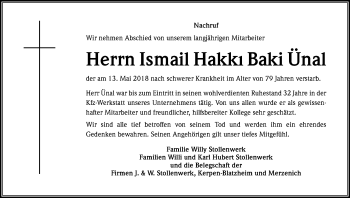 Anzeige von Ismail Hakki Baki Ünal von Kölner Stadt-Anzeiger / Kölnische Rundschau / Express