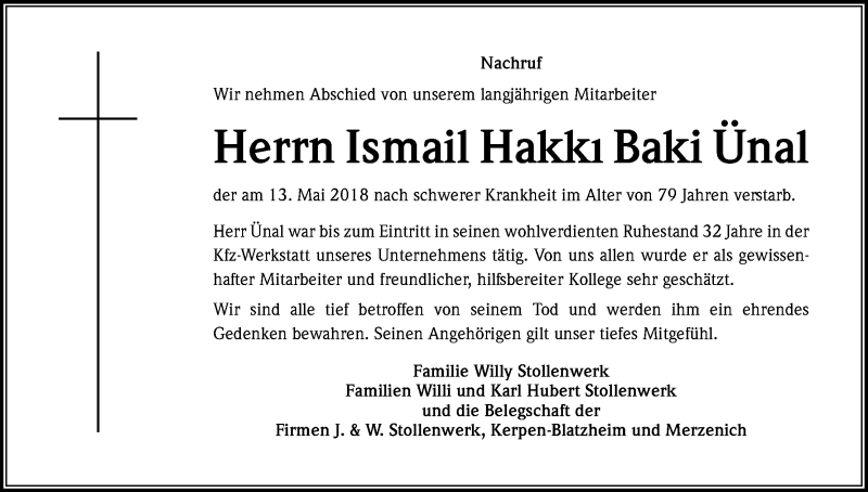  Traueranzeige für Ismail Hakki Baki Ünal vom 02.06.2018 aus Kölner Stadt-Anzeiger / Kölnische Rundschau / Express