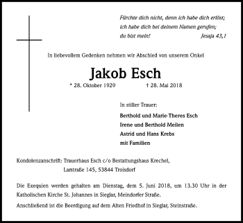 Anzeige von Jakob Esch von Kölner Stadt-Anzeiger / Kölnische Rundschau / Express