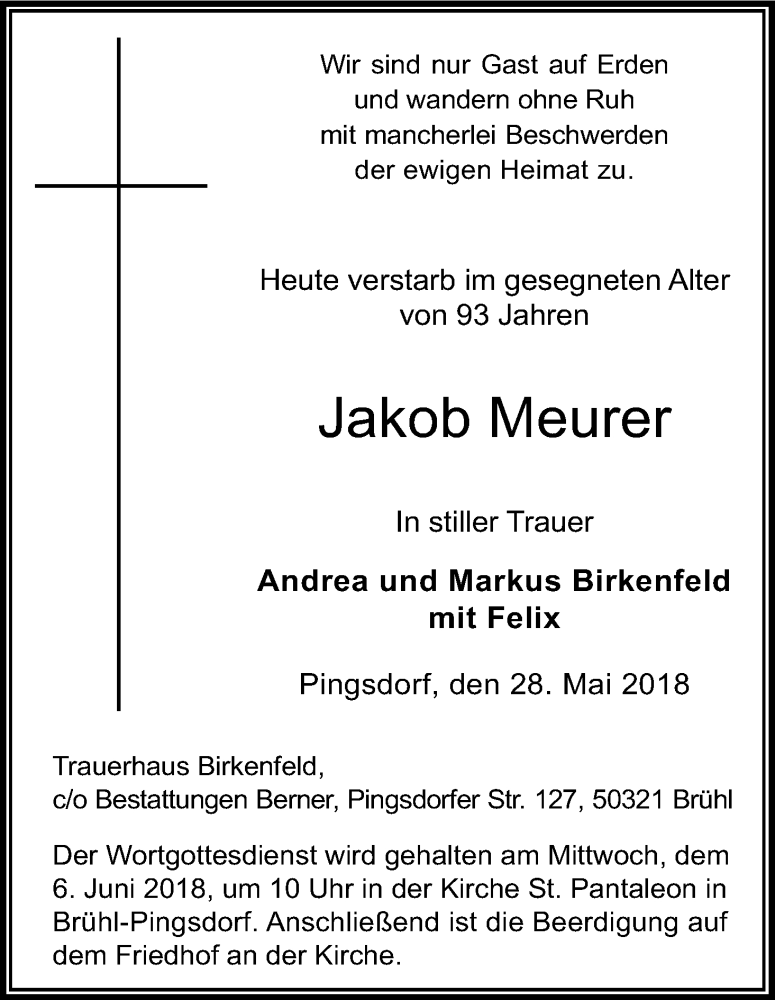  Traueranzeige für Jakob Meurer vom 02.06.2018 aus Kölner Stadt-Anzeiger / Kölnische Rundschau / Express