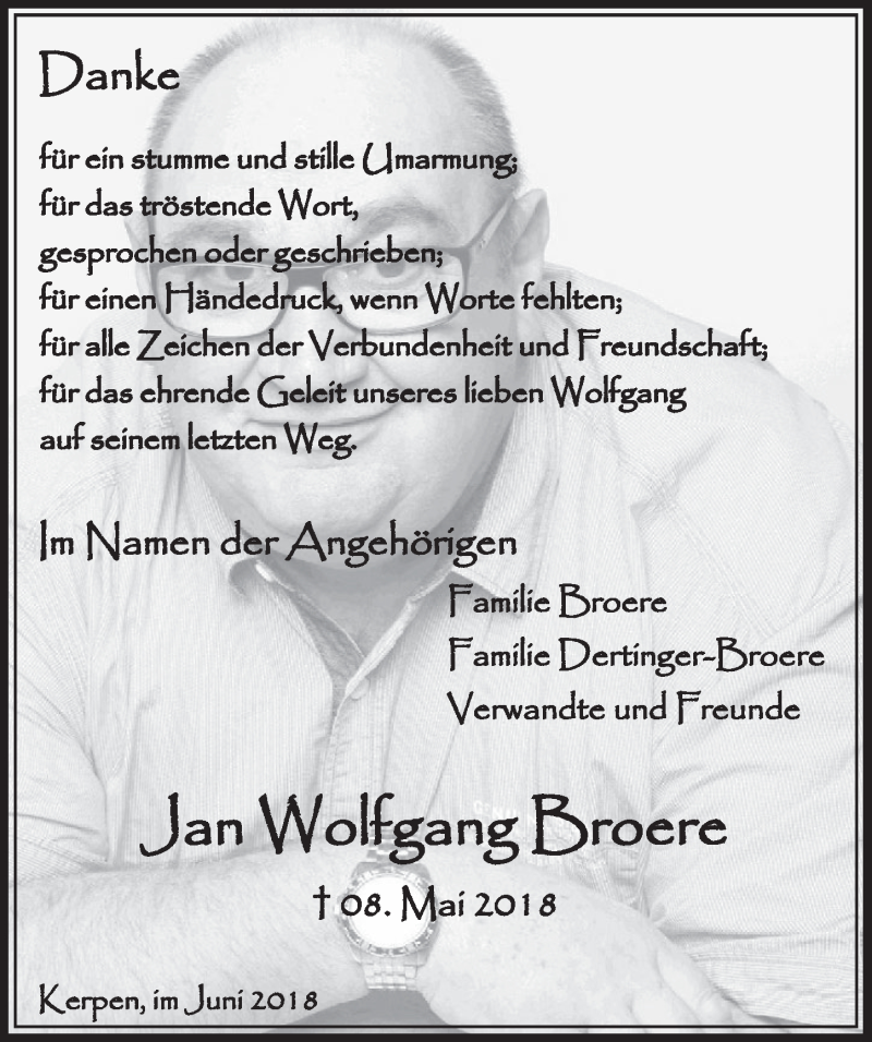  Traueranzeige für Jan Wolfgang Broere vom 23.06.2018 aus  Sonntags-Post 