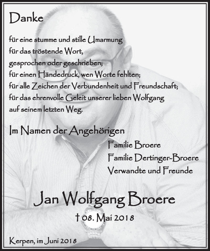  Traueranzeige für Jan Wolfgang Broere vom 16.06.2018 aus  Sonntags-Post 