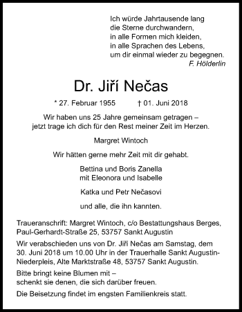Anzeige von Jirí Necas von Kölner Stadt-Anzeiger / Kölnische Rundschau / Express