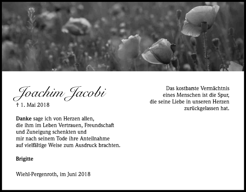  Traueranzeige für Joachim Jacobi vom 30.06.2018 aus Kölner Stadt-Anzeiger / Kölnische Rundschau / Express