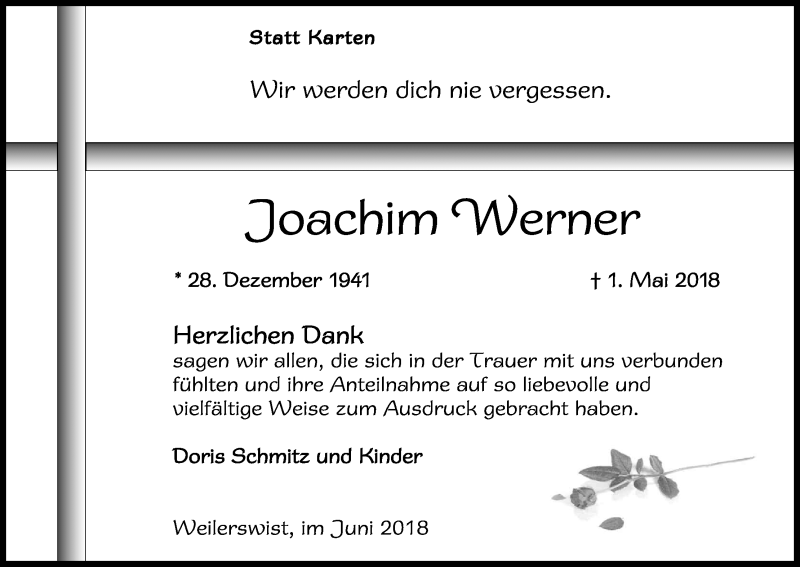  Traueranzeige für Joachim Werner vom 27.06.2018 aus Kölner Stadt-Anzeiger / Kölnische Rundschau / Express