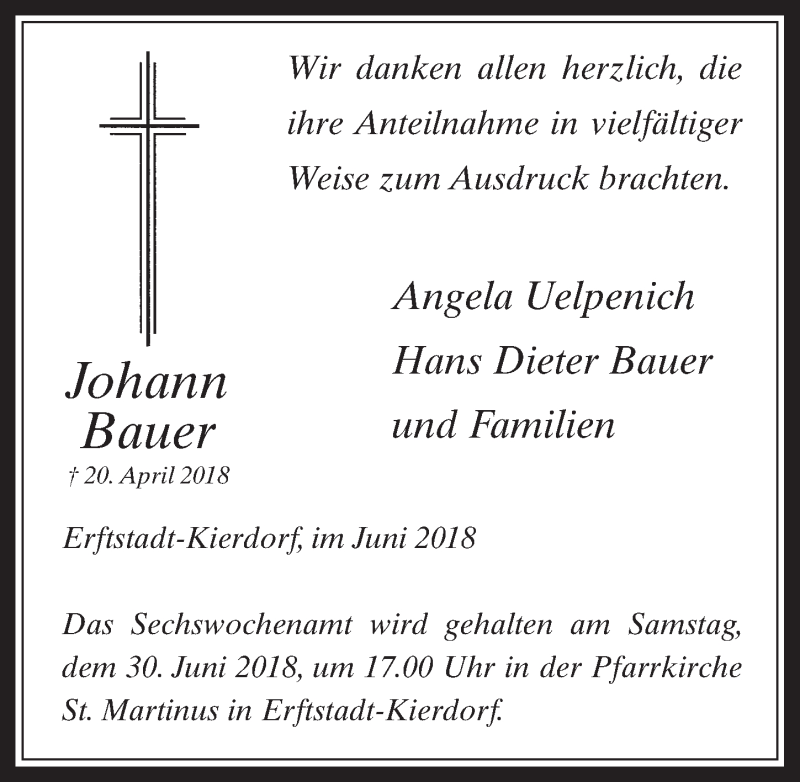  Traueranzeige für Johann Bauer vom 27.06.2018 aus  Werbepost 