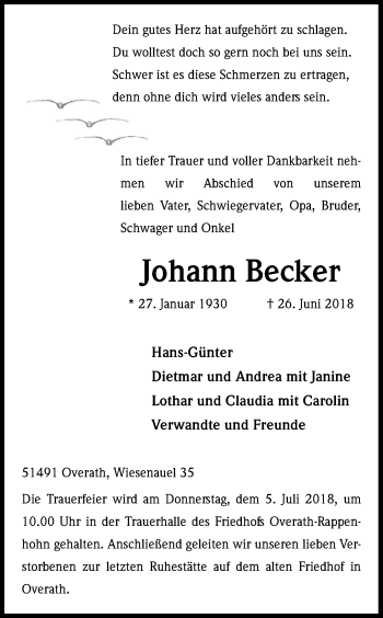 Anzeige von Johann Becker von Kölner Stadt-Anzeiger / Kölnische Rundschau / Express