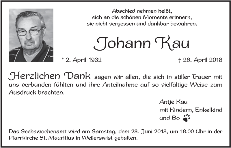  Traueranzeige für Johann Kau vom 09.06.2018 aus  Blickpunkt Euskirchen 