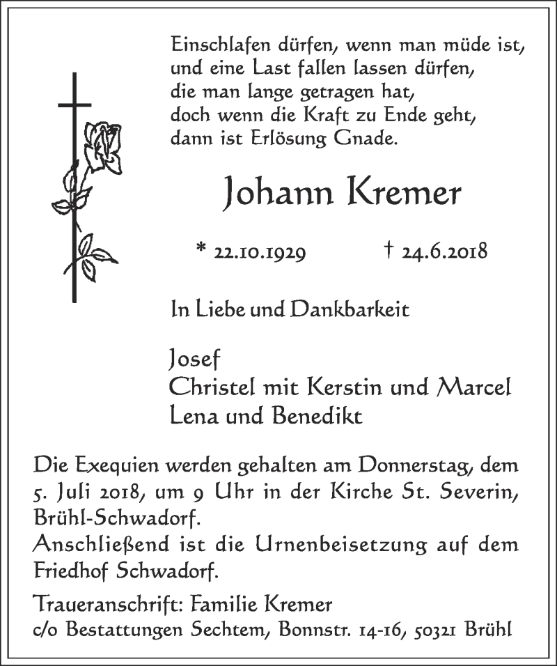 Traueranzeige für Johann Kremer vom 27.06.2018 aus  Schlossbote/Werbekurier 