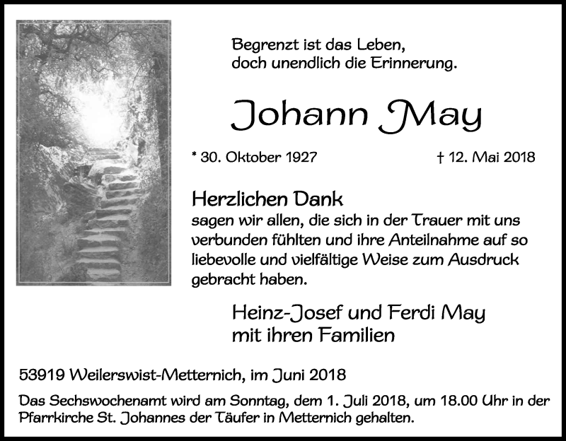  Traueranzeige für Johann May vom 30.06.2018 aus Kölner Stadt-Anzeiger / Kölnische Rundschau / Express