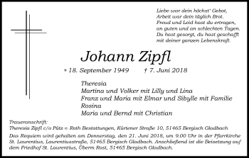 Anzeige von Johann Zipfl von Kölner Stadt-Anzeiger / Kölnische Rundschau / Express