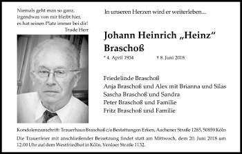 Anzeige von Johann Heinrich Braschoß von Kölner Stadt-Anzeiger / Kölnische Rundschau / Express
