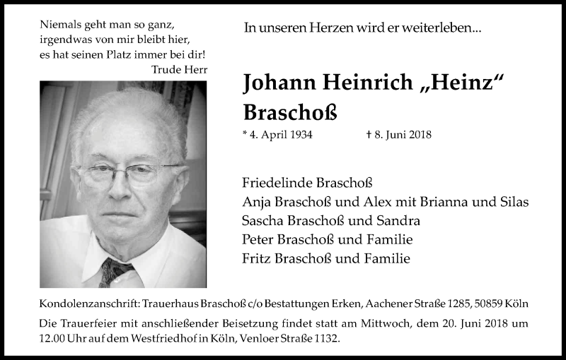 Traueranzeige für Johann Heinrich Braschoß vom 16.06.2018 aus Kölner Stadt-Anzeiger / Kölnische Rundschau / Express