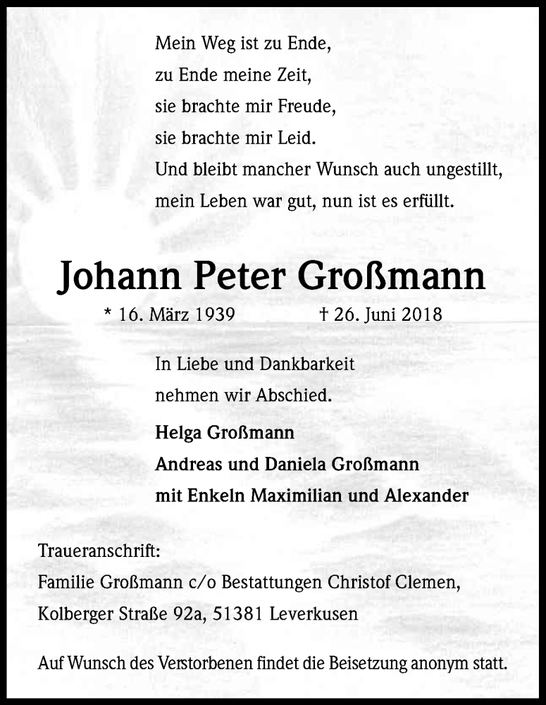  Traueranzeige für Johann Peter Großmann vom 30.06.2018 aus Kölner Stadt-Anzeiger / Kölnische Rundschau / Express
