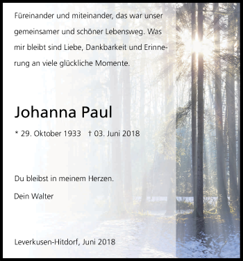 Anzeige von Johanna Paul von Kölner Stadt-Anzeiger / Kölnische Rundschau / Express