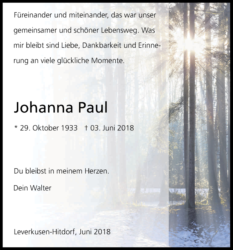  Traueranzeige für Johanna Paul vom 16.06.2018 aus Kölner Stadt-Anzeiger / Kölnische Rundschau / Express