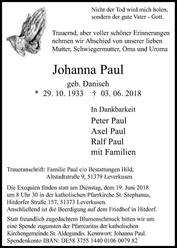  Traueranzeige für Johanna Paul vom 16.06.2018 aus Kölner Stadt-Anzeiger / Kölnische Rundschau / Express