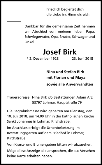 Anzeige von Josef Birk von Kölner Stadt-Anzeiger / Kölnische Rundschau / Express
