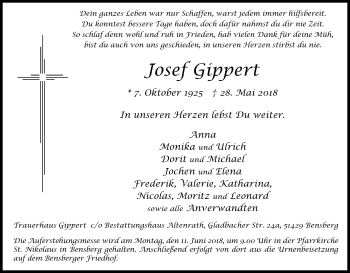 Anzeige von Josef Gippert von Kölner Stadt-Anzeiger / Kölnische Rundschau / Express
