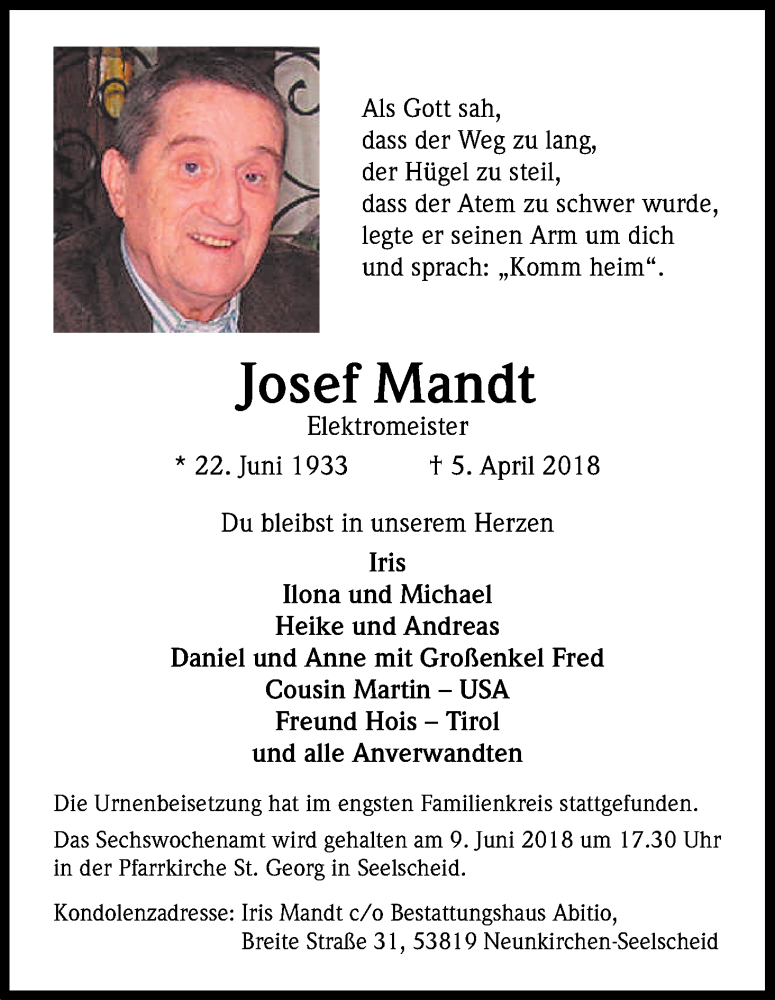  Traueranzeige für Josef Mandt vom 02.06.2018 aus Kölner Stadt-Anzeiger / Kölnische Rundschau / Express