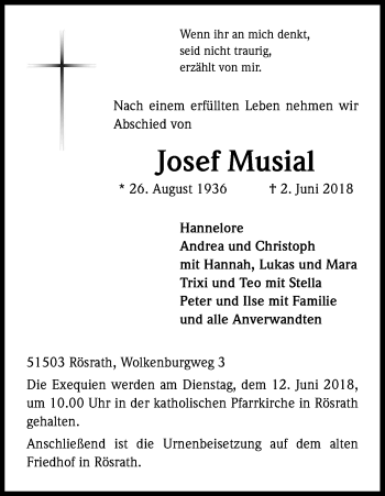 Anzeige von Josef Musial von Kölner Stadt-Anzeiger / Kölnische Rundschau / Express