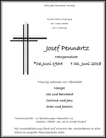 Anzeige von Josef Pennartz von  Sonntags-Post 