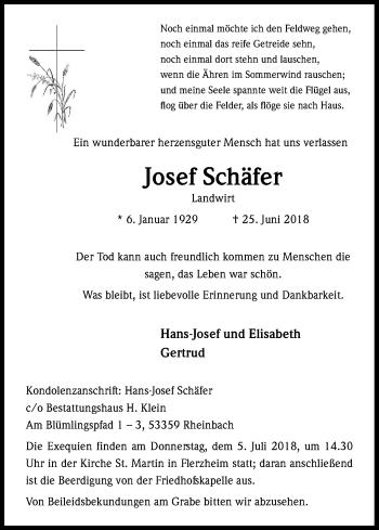 Anzeige von Josef Schäfer von Kölner Stadt-Anzeiger / Kölnische Rundschau / Express