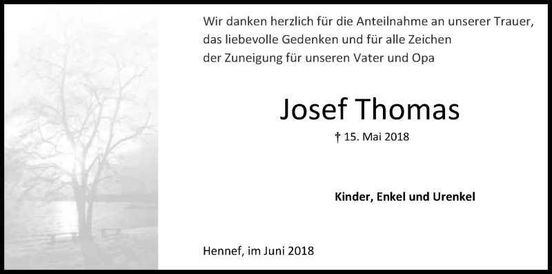  Traueranzeige für Josef Thomas vom 13.06.2018 aus Kölner Stadt-Anzeiger / Kölnische Rundschau / Express