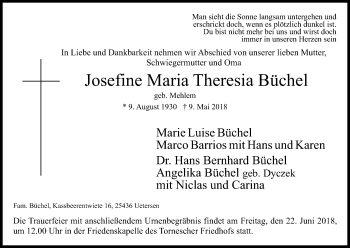 Anzeige von Josefine Maria Theresia Büchel von Kölner Stadt-Anzeiger / Kölnische Rundschau / Express