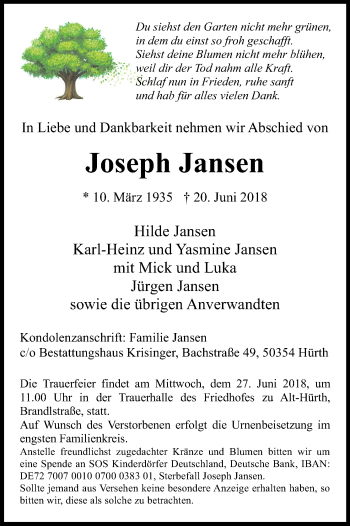 Anzeige von Joseph Jansen von Kölner Stadt-Anzeiger / Kölnische Rundschau / Express