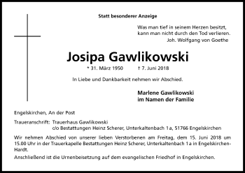 Anzeige von Josipa Gawlikowski von Kölner Stadt-Anzeiger / Kölnische Rundschau / Express