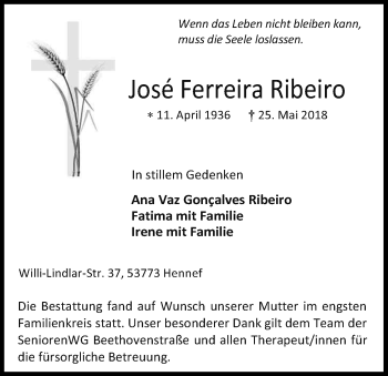 Anzeige von José Ferreira Ribeiro von Kölner Stadt-Anzeiger / Kölnische Rundschau / Express