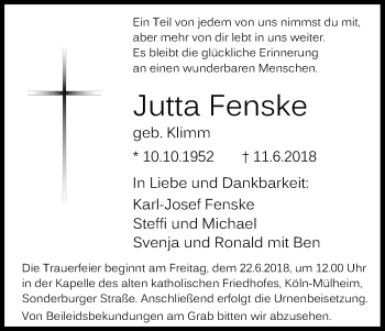 Anzeige von Jutta Fenske von Kölner Stadt-Anzeiger / Kölnische Rundschau / Express