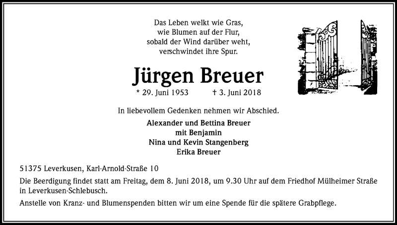  Traueranzeige für Jürgen Breuer vom 06.06.2018 aus Kölner Stadt-Anzeiger / Kölnische Rundschau / Express