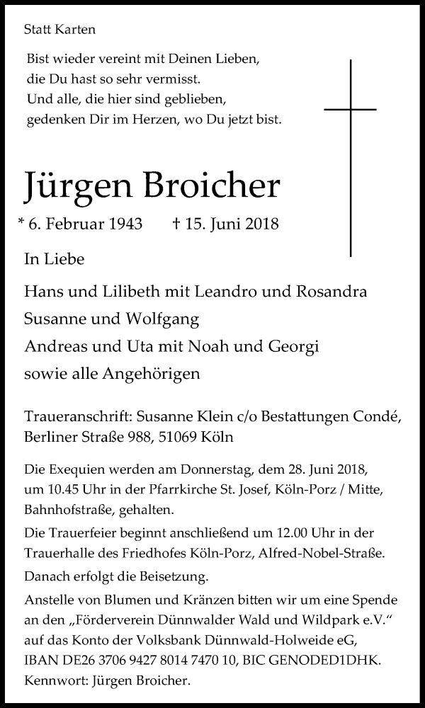  Traueranzeige für Jürgen Broicher vom 23.06.2018 aus Kölner Stadt-Anzeiger / Kölnische Rundschau / Express