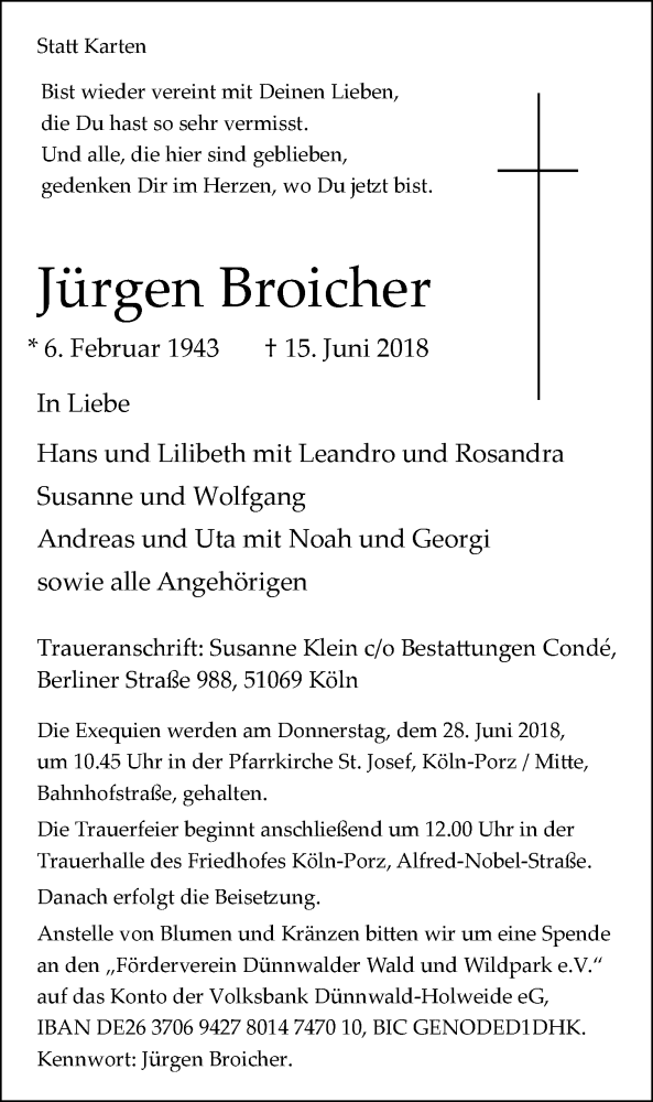  Traueranzeige für Jürgen Broicher vom 27.06.2018 aus  Kölner Wochenspiegel 