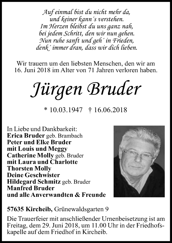  Traueranzeige für Jürgen Bruder vom 27.06.2018 aus  Extra Blatt 
