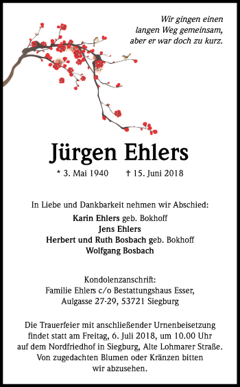 Anzeige von Jürgen Ehlers von Kölner Stadt-Anzeiger / Kölnische Rundschau / Express