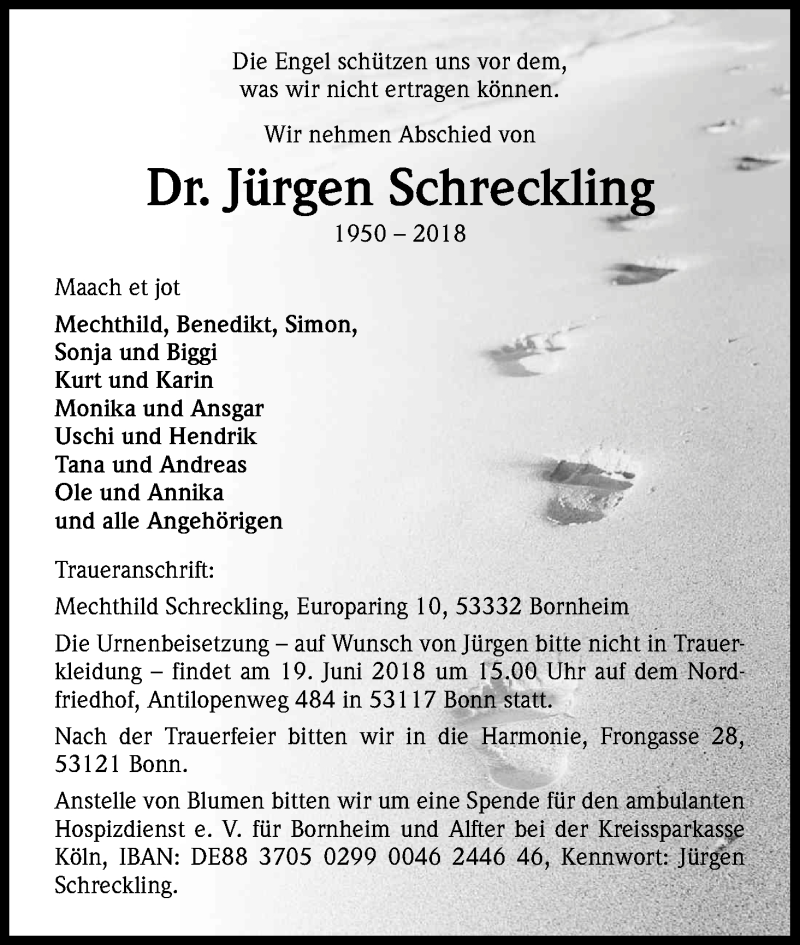  Traueranzeige für Jürgen Schreckling vom 09.06.2018 aus Kölner Stadt-Anzeiger / Kölnische Rundschau / Express